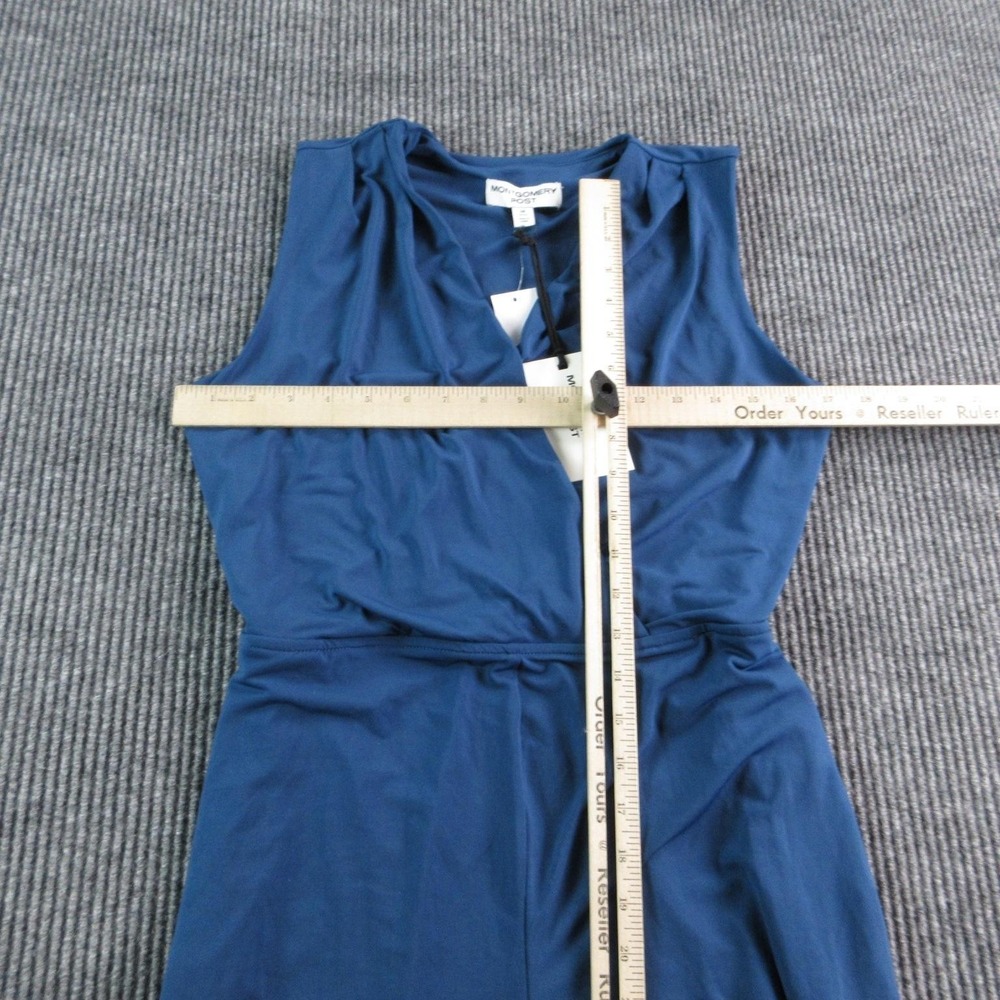 Montgomery Post Jumpsuit Womens M Petite Blue Belted Pleated V-Neck Wide Leg NWT - Picture 7 of 16